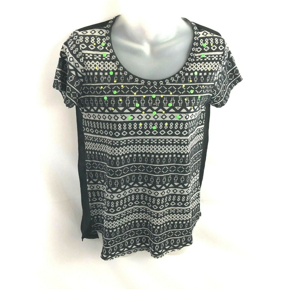 Bongo Sheer Hi Low  Embellished Top Small Black Gray Short Sleeve